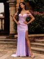 Snug Sheath Off-the-Shoulder Appliques Lace Sweep Train Sequins Corset Prom Dress