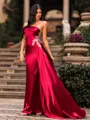 Refined Sheath One-Shoulder Rhinestone Sweep Train Silk Like Satin Corset Prom Dress