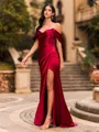 Timeless Sheath Off-the-Shoulder Pleated Floor-Length Silk Like Satin Corset Prom Dress