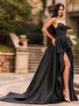 Bold A-line Sweetheart Ruffles Chapel Train Satin Corset Prom Dress