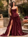 Bold A-line Sweetheart Ruffles Chapel Train Satin Corset Prom Dress
