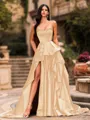 Bold A-line Sweetheart Ruffles Chapel Train Satin Corset Prom Dress