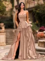 Bold A-line Sweetheart Ruffles Chapel Train Satin Corset Prom Dress