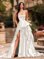 Bold A-line Sweetheart Ruffles Chapel Train Satin Corset Prom Dress