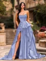 Bold A-line Sweetheart Ruffles Chapel Train Satin Corset Prom Dress