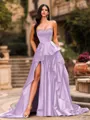 Bold A-line Sweetheart Ruffles Chapel Train Satin Corset Prom Dress