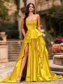 Bold A-line Sweetheart Ruffles Chapel Train Satin Corset Prom Dress