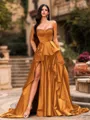 Bold A-line Sweetheart Ruffles Chapel Train Satin Corset Prom Dress