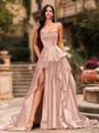 Bold A-line Sweetheart Ruffles Chapel Train Satin Corset Prom Dress