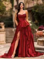Bold A-line Sweetheart Ruffles Chapel Train Satin Corset Prom Dress