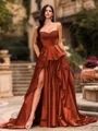 Bold A-line Sweetheart Ruffles Chapel Train Satin Corset Prom Dress