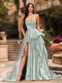 Bold A-line Sweetheart Ruffles Chapel Train Satin Corset Prom Dress