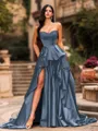 Bold A-line Sweetheart Ruffles Chapel Train Satin Corset Prom Dress