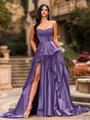 Bold A-line Sweetheart Ruffles Chapel Train Satin Corset Prom Dress