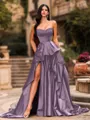 Bold A-line Sweetheart Ruffles Chapel Train Satin Corset Prom Dress