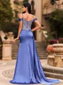 Streamlined Sheath Cold Shoulder Appliques Lace Sweep Train Silk Like Satin Corset Prom Dress