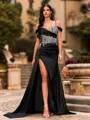 Streamlined Sheath Cold Shoulder Appliques Lace Sweep Train Silk Like Satin Corset Prom Dress