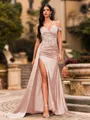 Streamlined Sheath Cold Shoulder Appliques Lace Sweep Train Silk Like Satin Corset Prom Dress