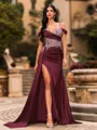 Streamlined Sheath Cold Shoulder Appliques Lace Sweep Train Silk Like Satin Corset Prom Dress