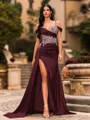 Streamlined Sheath Cold Shoulder Appliques Lace Sweep Train Silk Like Satin Corset Prom Dress