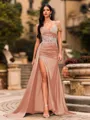 Streamlined Sheath Cold Shoulder Appliques Lace Sweep Train Silk Like Satin Corset Prom Dress