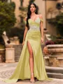 Streamlined Sheath Cold Shoulder Appliques Lace Sweep Train Silk Like Satin Corset Prom Dress