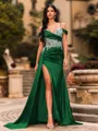 Streamlined Sheath Cold Shoulder Appliques Lace Sweep Train Silk Like Satin Corset Prom Dress