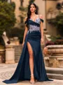 Streamlined Sheath Cold Shoulder Appliques Lace Sweep Train Silk Like Satin Corset Prom Dress
