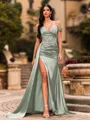 Streamlined Sheath Cold Shoulder Appliques Lace Sweep Train Silk Like Satin Corset Prom Dress