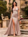 Streamlined Sheath Cold Shoulder Appliques Lace Sweep Train Silk Like Satin Corset Prom Dress