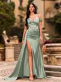 Streamlined Sheath Cold Shoulder Appliques Lace Sweep Train Silk Like Satin Corset Prom Dress