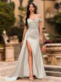 Streamlined Sheath Cold Shoulder Appliques Lace Sweep Train Silk Like Satin Corset Prom Dress