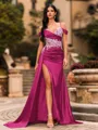 Streamlined Sheath Cold Shoulder Appliques Lace Sweep Train Silk Like Satin Corset Prom Dress
