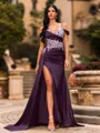 Streamlined Sheath Cold Shoulder Appliques Lace Sweep Train Silk Like Satin Corset Prom Dress