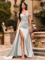 Streamlined Sheath Cold Shoulder Appliques Lace Sweep Train Silk Like Satin Corset Prom Dress