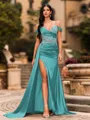 Streamlined Sheath Cold Shoulder Appliques Lace Sweep Train Silk Like Satin Corset Prom Dress