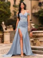 Streamlined Sheath Cold Shoulder Appliques Lace Sweep Train Silk Like Satin Corset Prom Dress