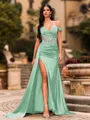 Streamlined Sheath Cold Shoulder Appliques Lace Sweep Train Silk Like Satin Corset Prom Dress