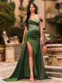 Streamlined Sheath Cold Shoulder Appliques Lace Sweep Train Silk Like Satin Corset Prom Dress