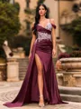 Streamlined Sheath Cold Shoulder Appliques Lace Sweep Train Silk Like Satin Corset Prom Dress