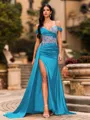 Streamlined Sheath Cold Shoulder Appliques Lace Sweep Train Silk Like Satin Corset Prom Dress
