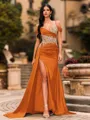 Streamlined Sheath Cold Shoulder Appliques Lace Sweep Train Silk Like Satin Corset Prom Dress