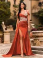 Streamlined Sheath Cold Shoulder Appliques Lace Sweep Train Silk Like Satin Corset Prom Dress