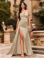 Streamlined Sheath Cold Shoulder Appliques Lace Sweep Train Silk Like Satin Corset Prom Dress
