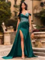 Streamlined Sheath Cold Shoulder Appliques Lace Sweep Train Silk Like Satin Corset Prom Dress