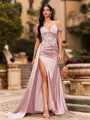 Streamlined Sheath Cold Shoulder Appliques Lace Sweep Train Silk Like Satin Corset Prom Dress