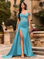 Streamlined Sheath Cold Shoulder Appliques Lace Sweep Train Silk Like Satin Corset Prom Dress