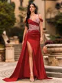 Streamlined Sheath Cold Shoulder Appliques Lace Sweep Train Silk Like Satin Corset Prom Dress