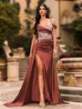 Streamlined Sheath Cold Shoulder Appliques Lace Sweep Train Silk Like Satin Corset Prom Dress