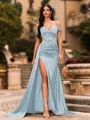 Streamlined Sheath Cold Shoulder Appliques Lace Sweep Train Silk Like Satin Corset Prom Dress
